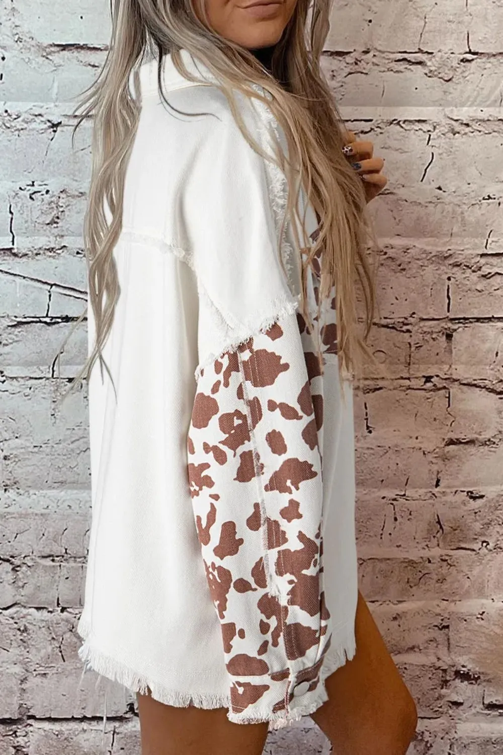 Raw Hem Animal Print Long Sleeve Denim Jacket, image 6