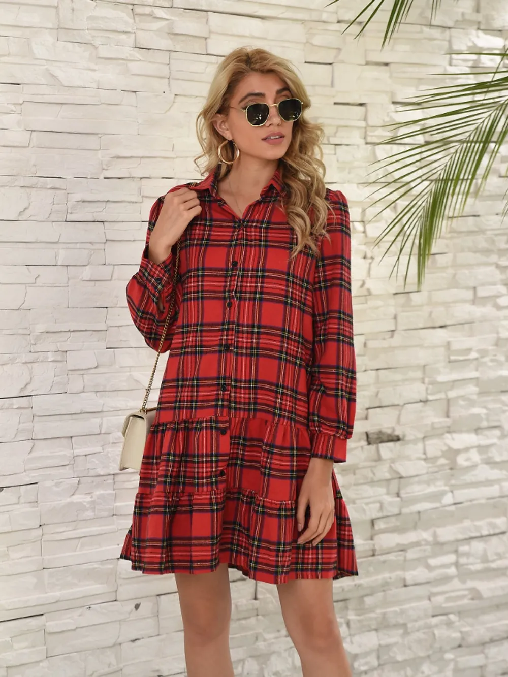 Ruffle Hem Plaid Button Down Long Sleeve Dress, image 6