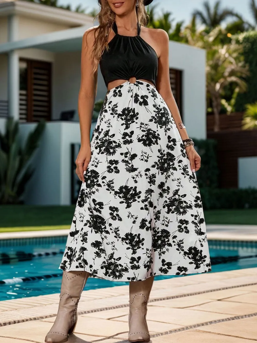 Backless Printed Halter Neck Midi Dress, image 5