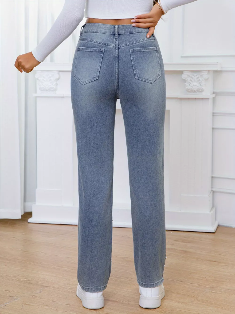 Pearl Embellished High Waist Straight Jeans, image 3