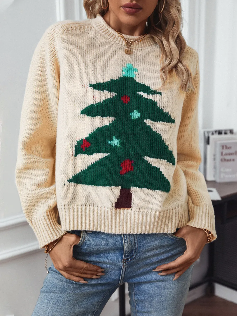Christmas Tree Round Neck Raglan Sleeve Sweater, image 2