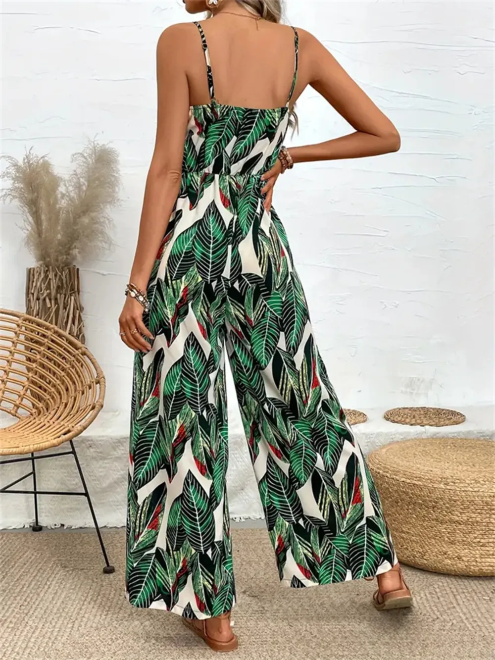 Tropical Print Spaghetti Strap Wide Leg Jumpsuit, image 4