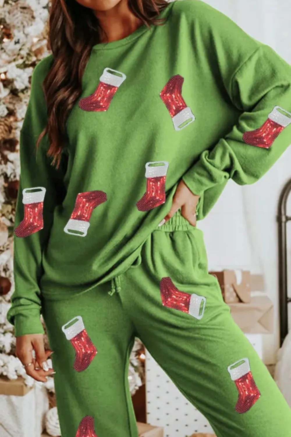 Sequin Socks Round Neck Long Sleeve Top and Pants Lounge Set, image 3