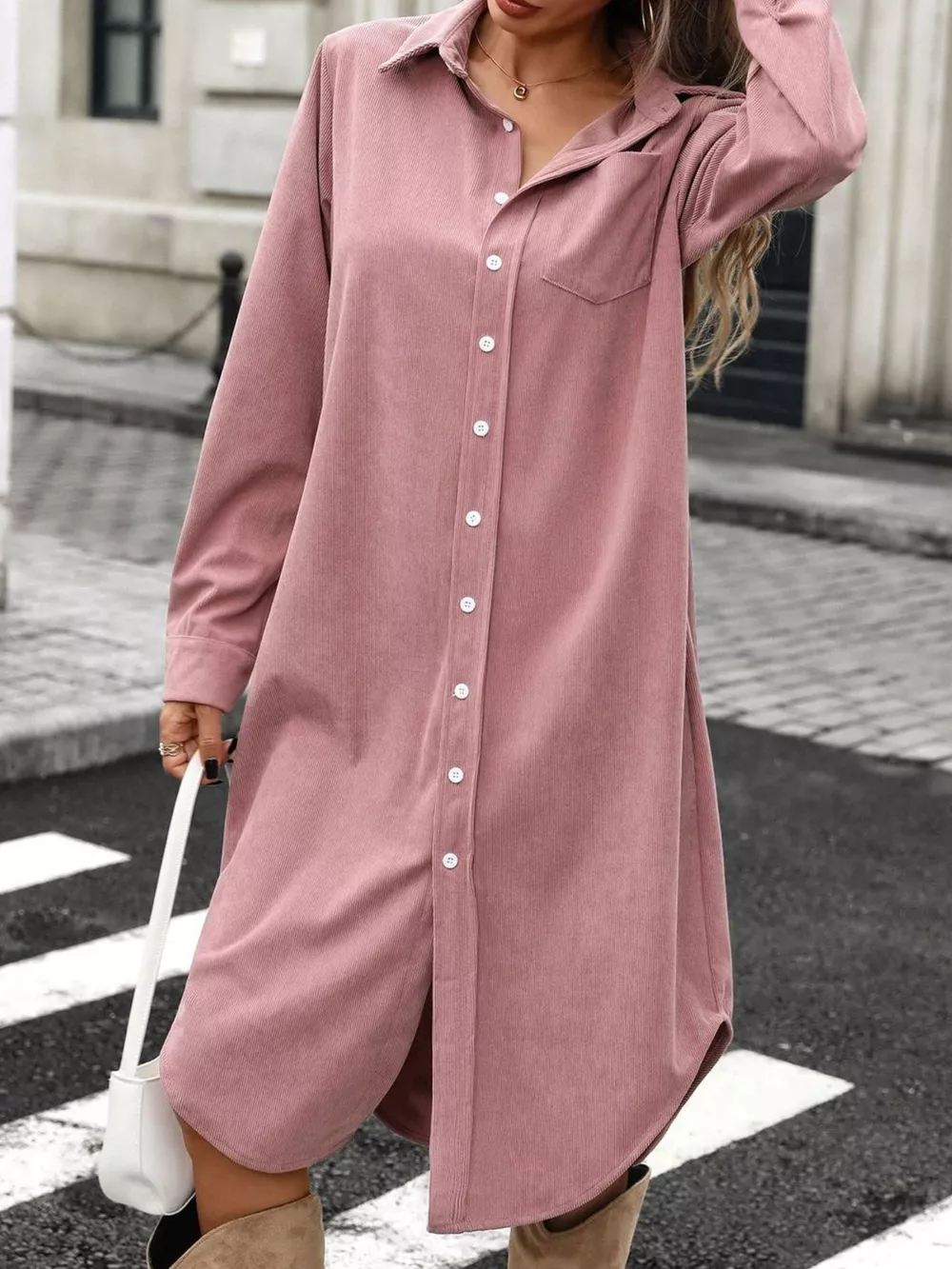Corduroy Shirt Dress with Button-Down Front, image 7