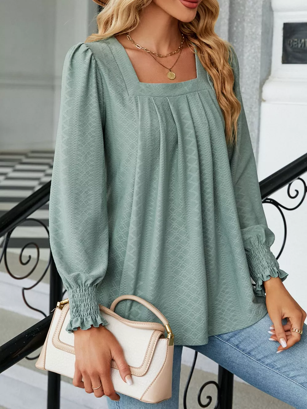 Pleated Square Neck Long Sleeve Top, image 4
