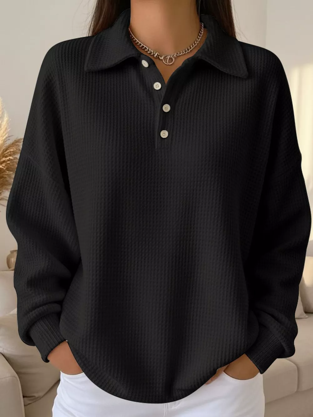 Full Size Waffle Knit Button Detail Top Plus Size