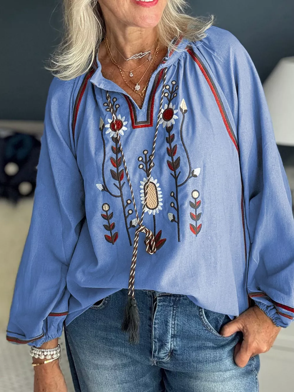 Floral Embroidered Split Neck Tassel Tie Puff Sleeve Blouse, image 5