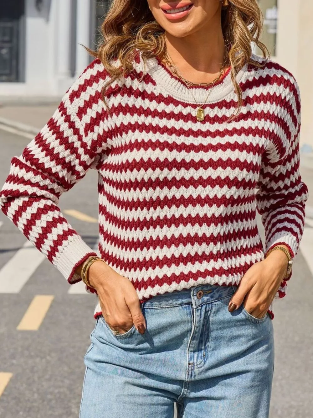 Striped Zigzag Knit Round Neck Sweater, image 4