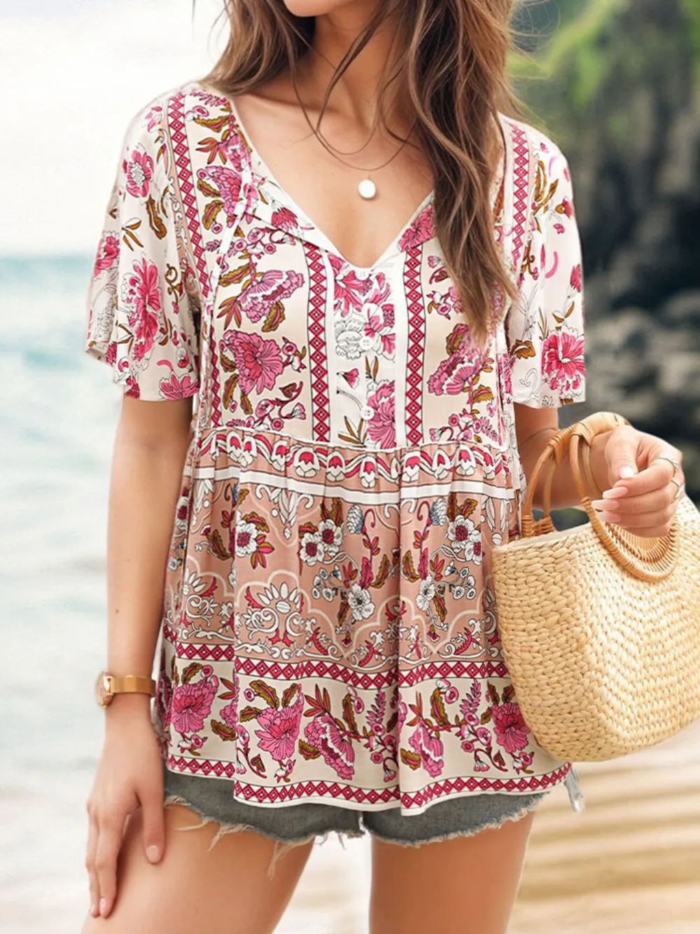 Floral Print Tie Neck Flutter Sleeve Blouse, image 10