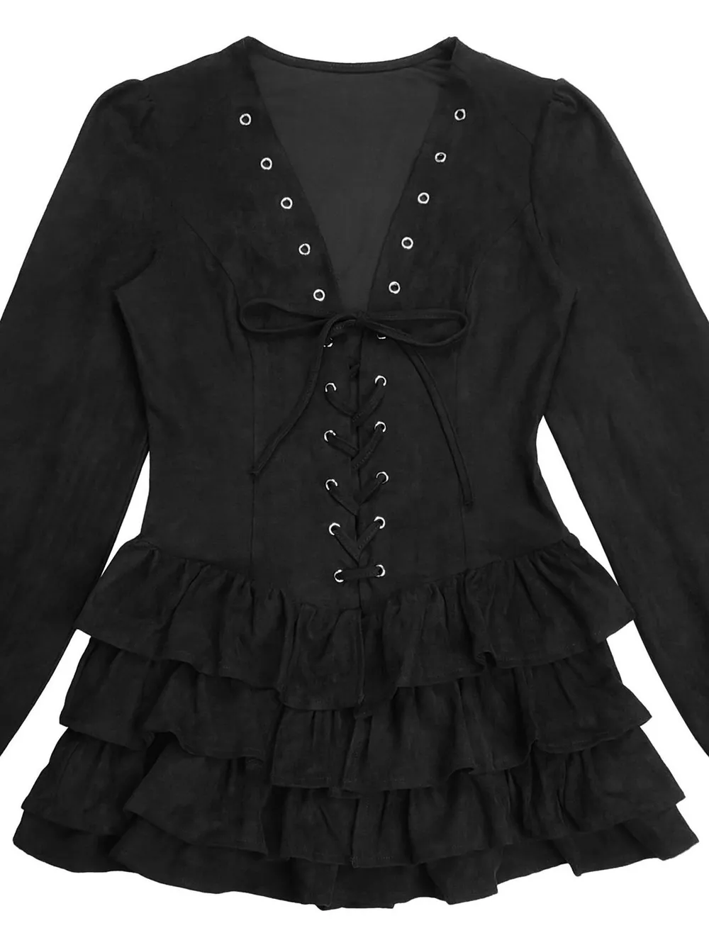Lace-Up Ruffle Hem Long Sleeve Mini Dress, image 13