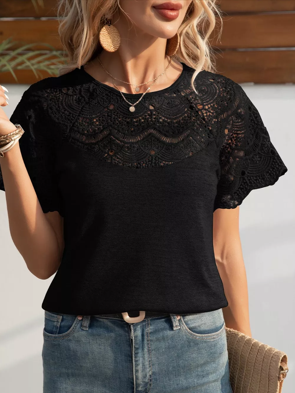 Round Neck Short Sleeve Crochet Top, image 10