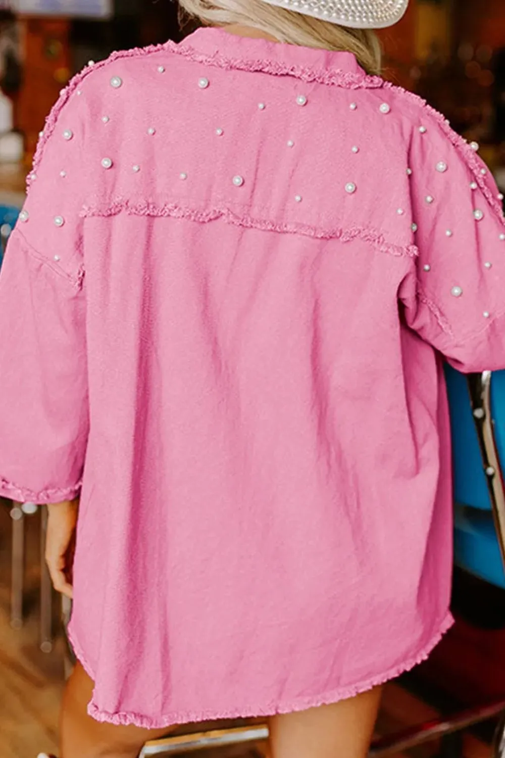 Raw Hem Pearl Trim Dropped Shoulder Denim Jacket, image 7