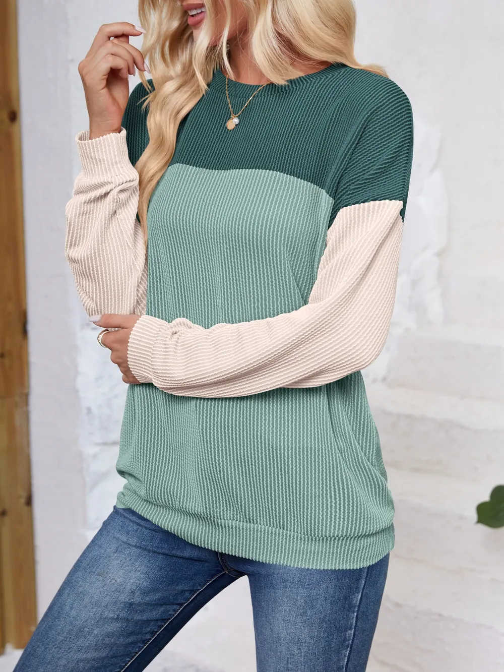 Color Block Round Neck Long Sleeve Sweatshirt, image 23
