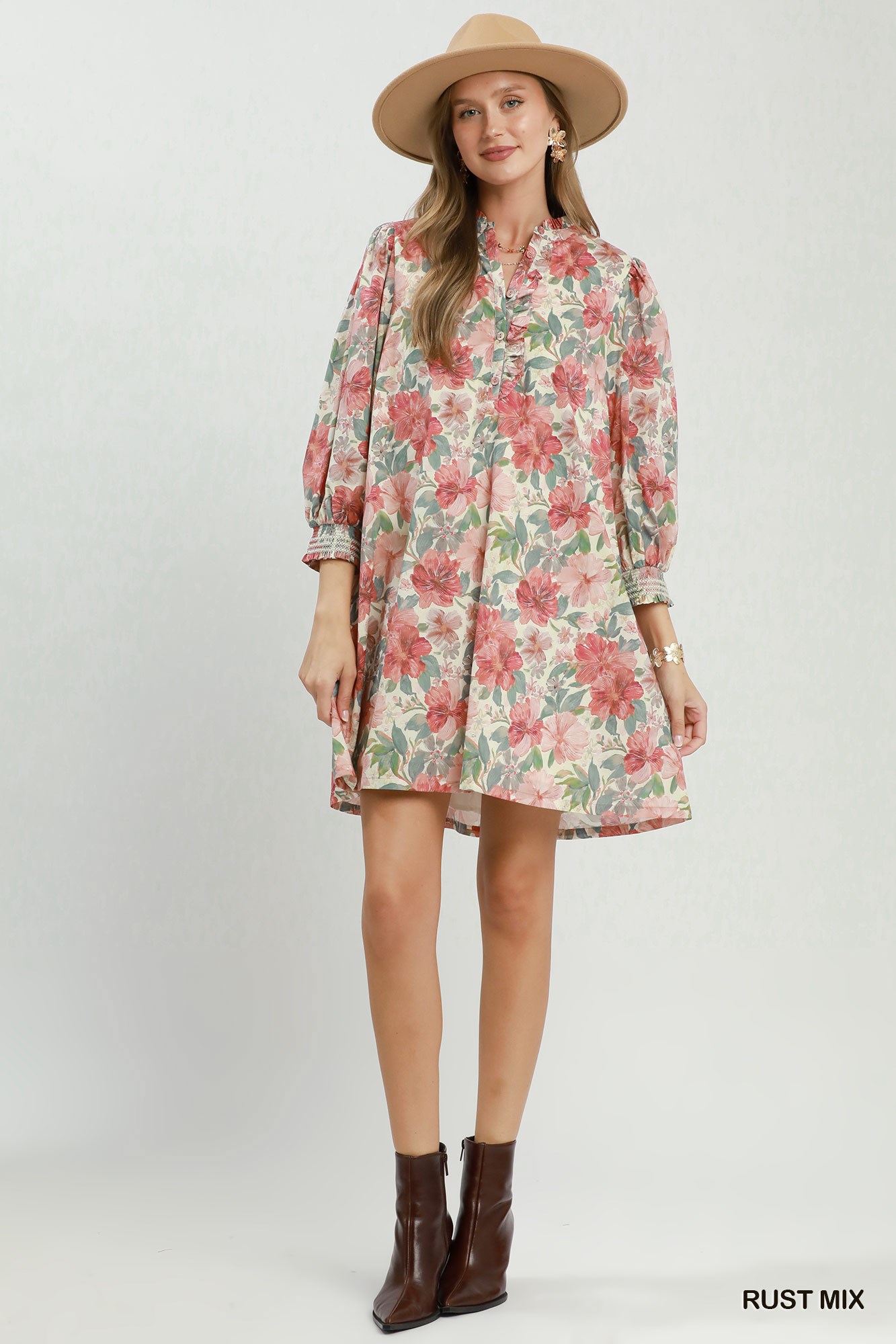 Mix Floral Print Smocked Cuff Mini Dress, image 5