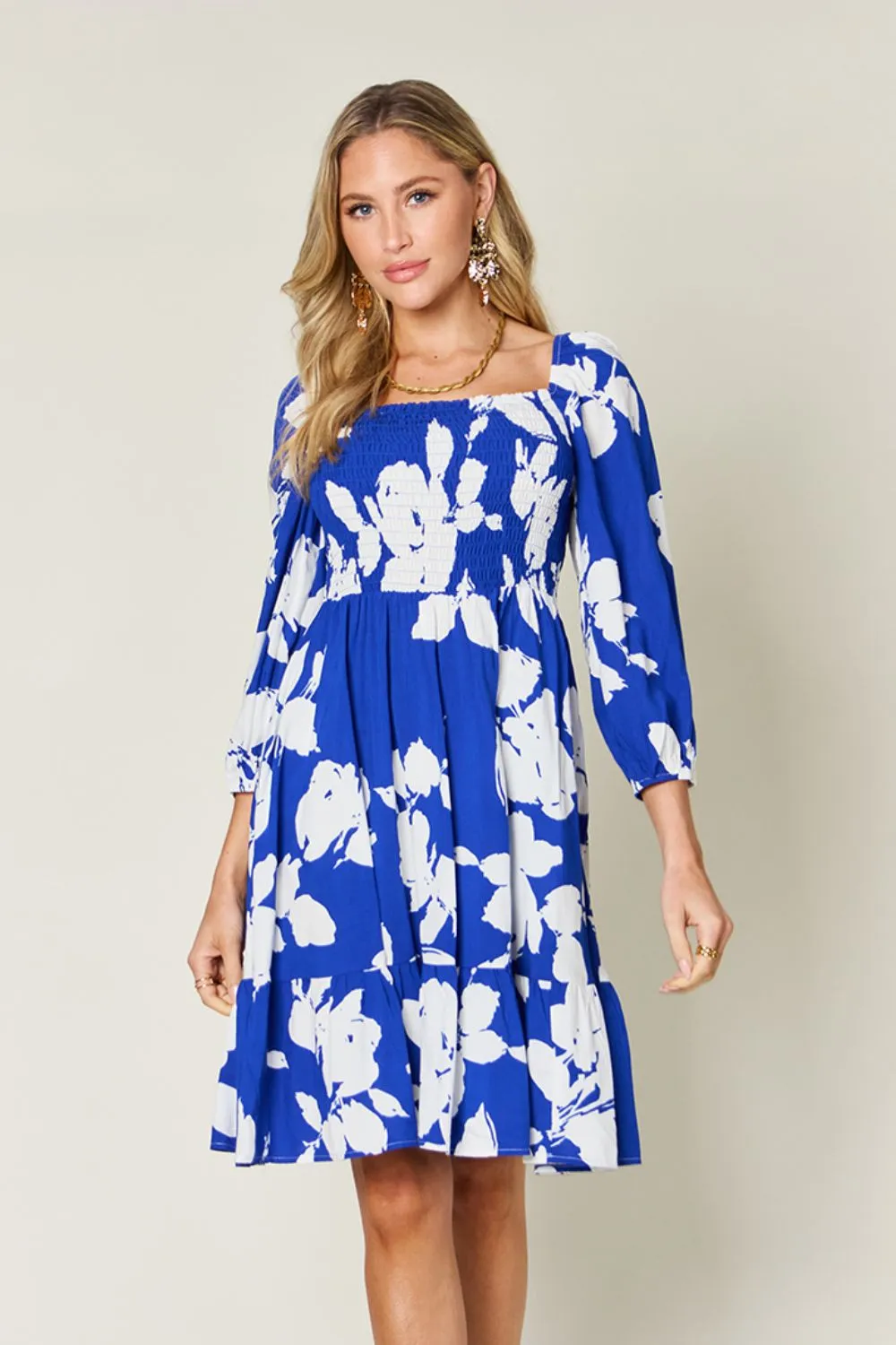 Full Size Floral Ruffle Hem Smocked Dress with Pockets