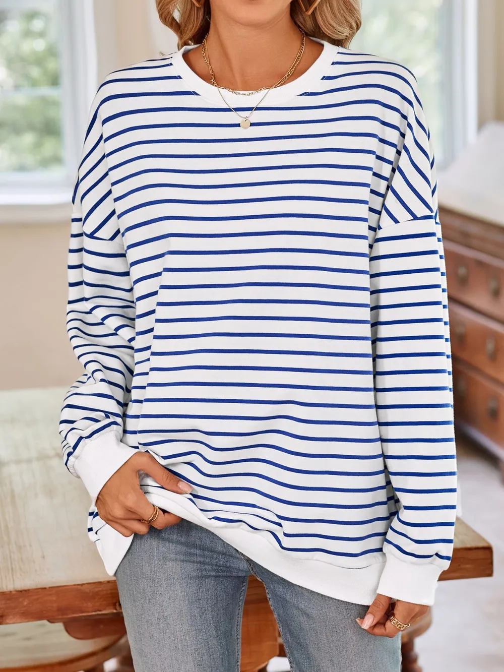 Striped Round Neck Long Sleeve Sweatshirt, image 10