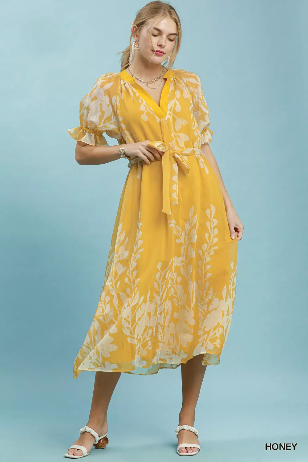 Floral Print Tie Waist Midi Dress with Side Pockets