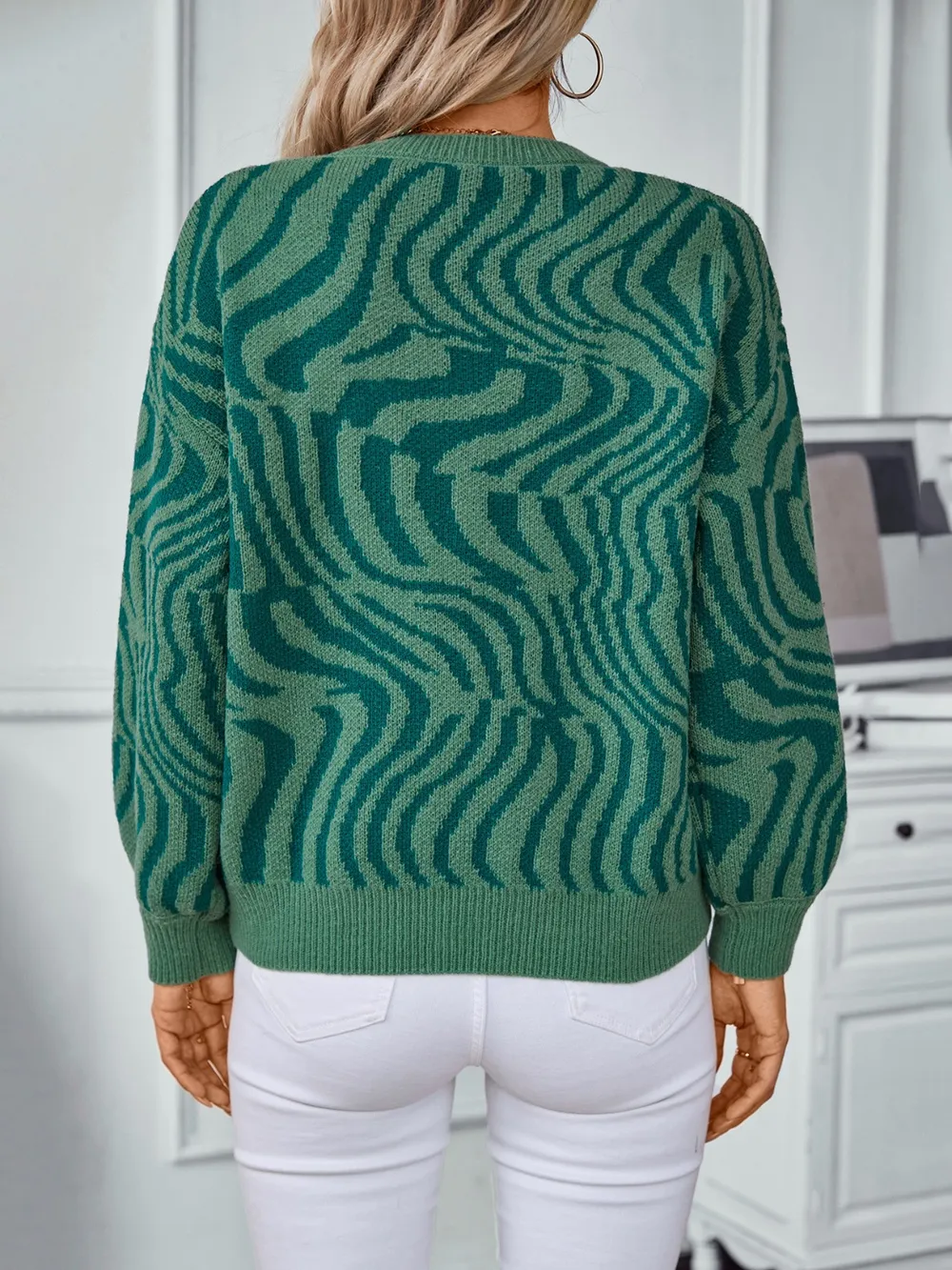 Geometric Round Neck Long Sleeve Sweater, image 5
