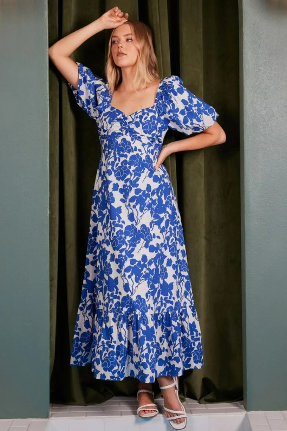 Cutout Back Floral Sweetheart Neck Puff Sleeve Dress, image 9