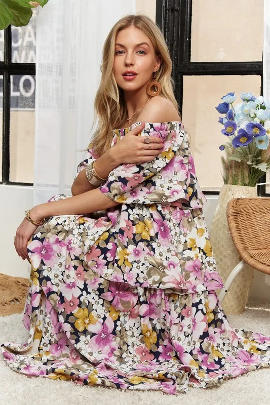 Layered Floral Off-Shoulder Short Sleeve Maxi Dress, image 3