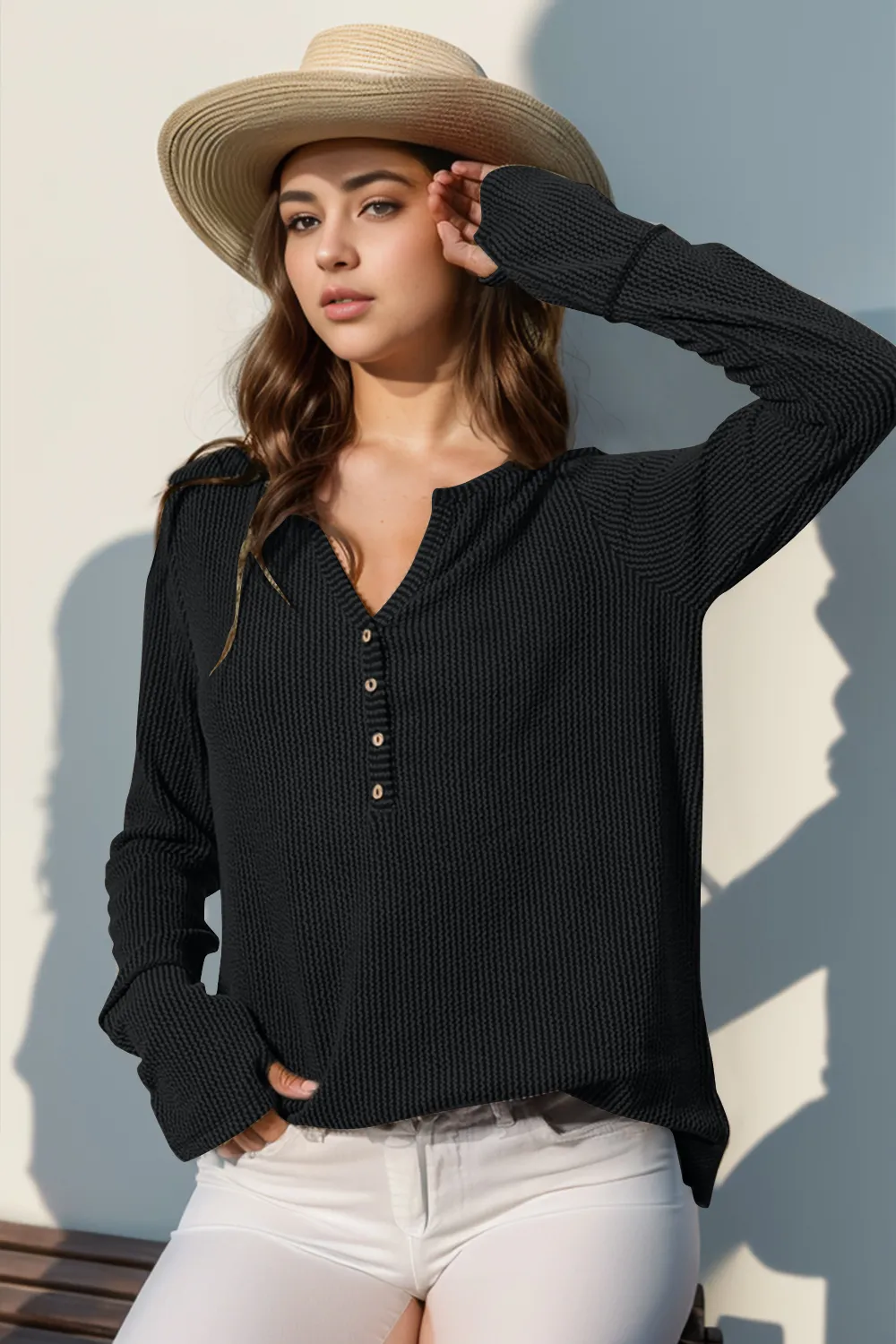 Full Size Notched Thumbhole Long Sleeve T-Shirt