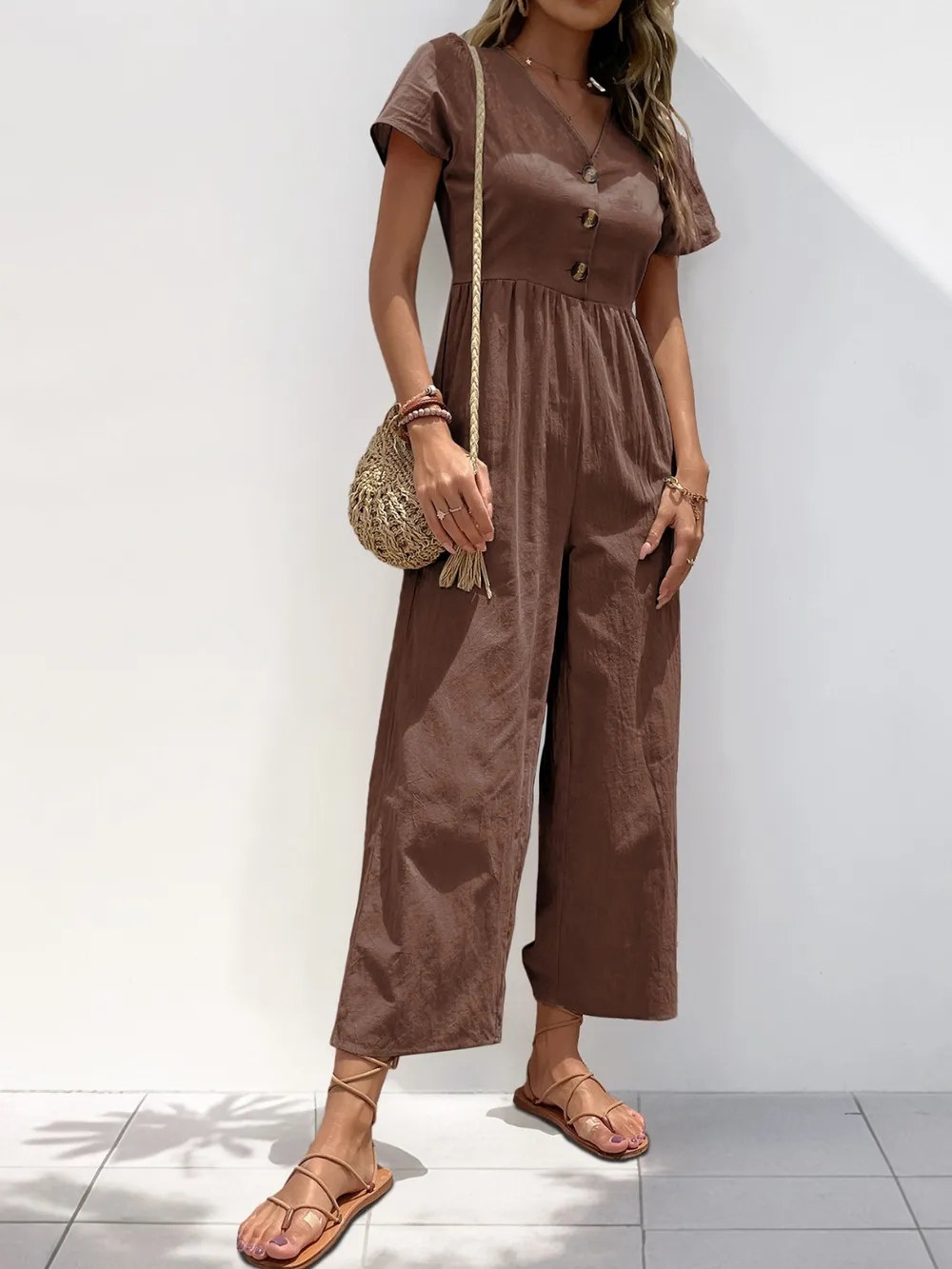 V-Neck Short Sleeve Wide Leg Jumpsuit, image 12