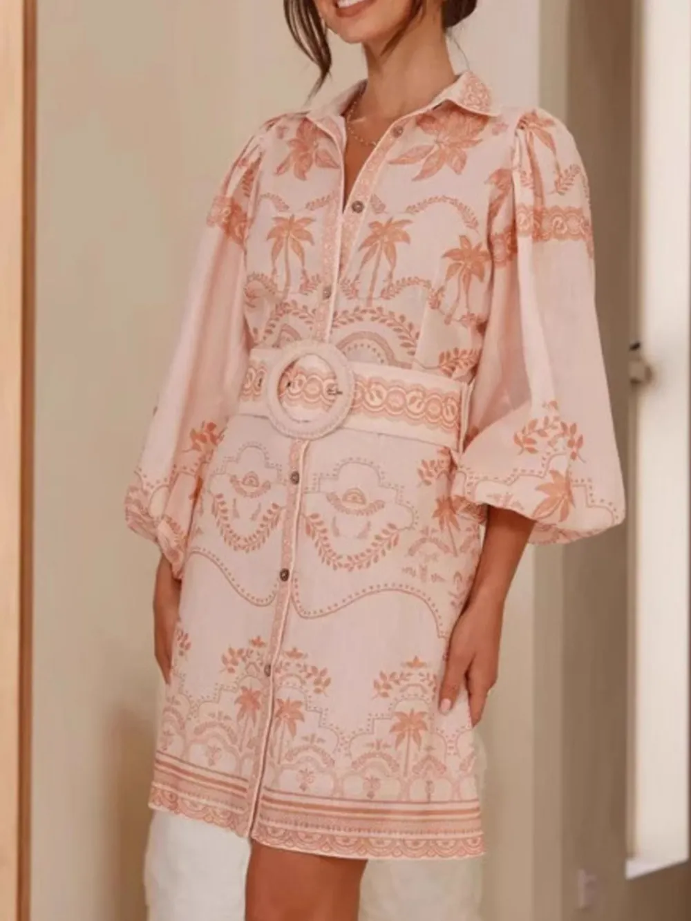 Printed Button Down Shirt Dress with Belt, image 10