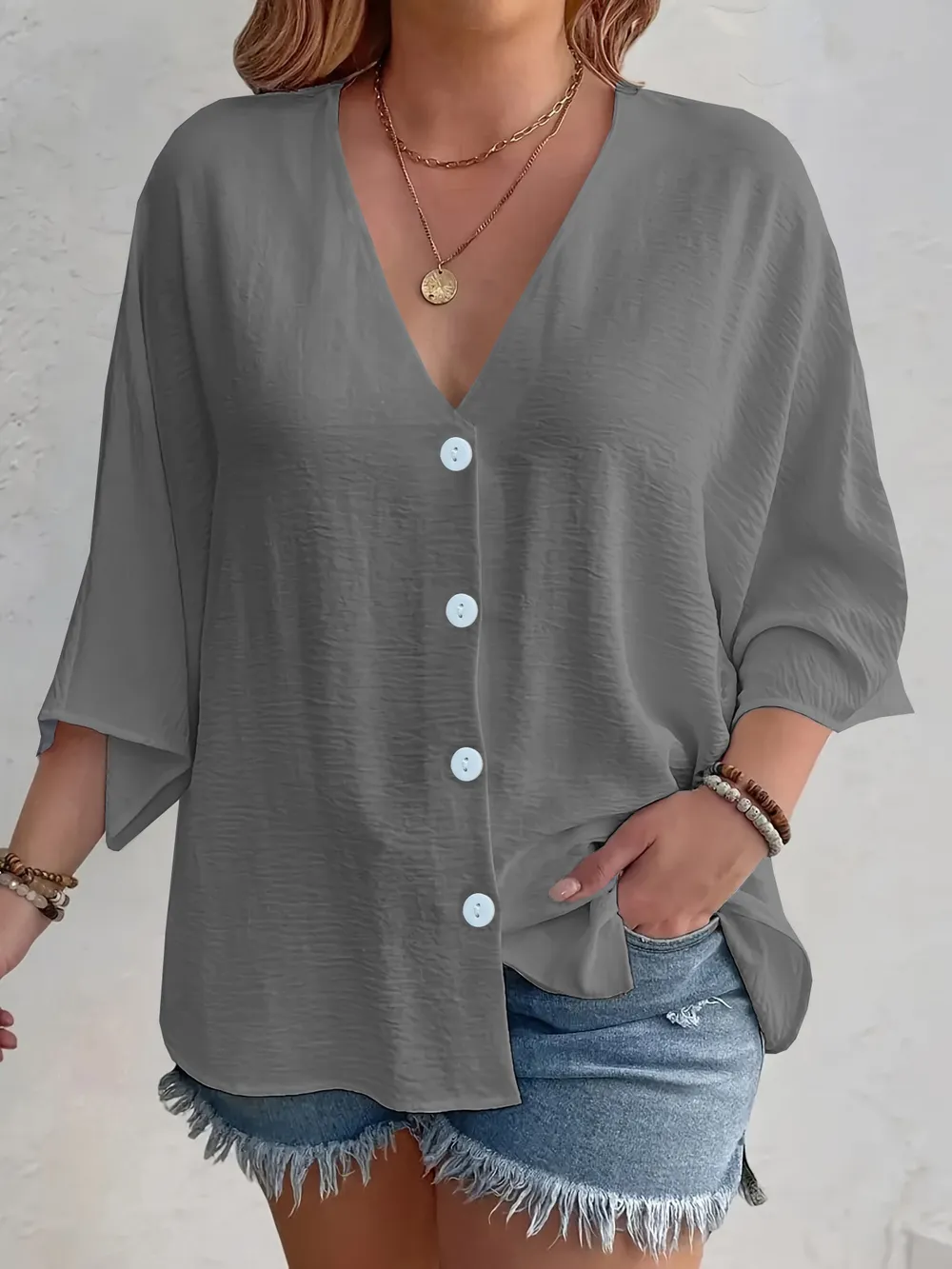 Full Size Casual V-Neck Button Down Relaxed Fit Blouse Plus Size, image 13