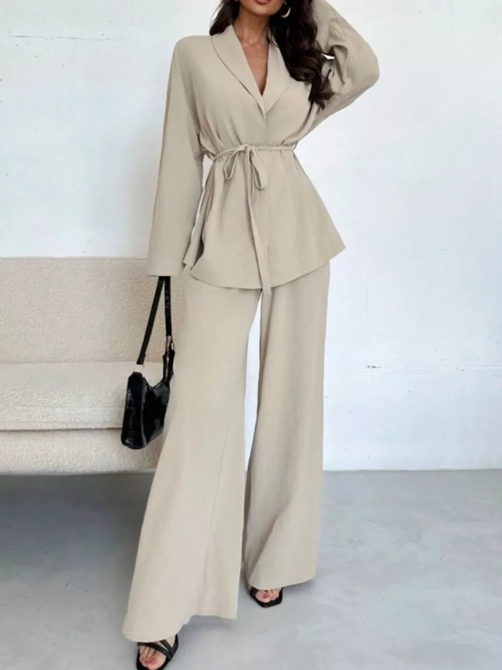 Front Tied Shirt and Wide-Leg Pants Set, image 4