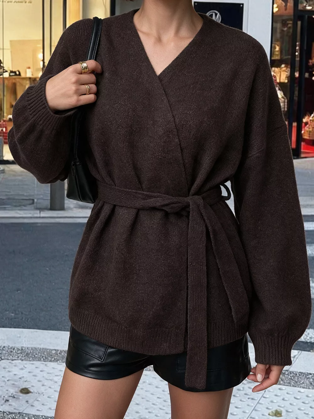 Tie Waist Dropped Shoulder Wrap Cardigan, image 3