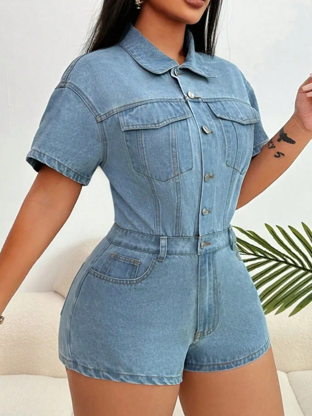 Collared Neck Short Sleeve Denim Romper, image 3