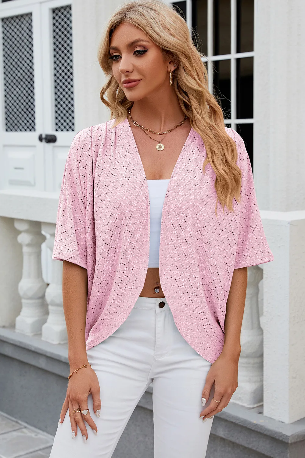 Eyelet Open Front Half Sleeve Cardigan, image 26