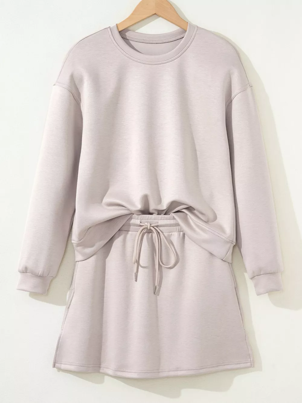 Solid Color Drop Shoulder Pullover and Drawstring Mini Skirt 2pcs Outfit, image 4