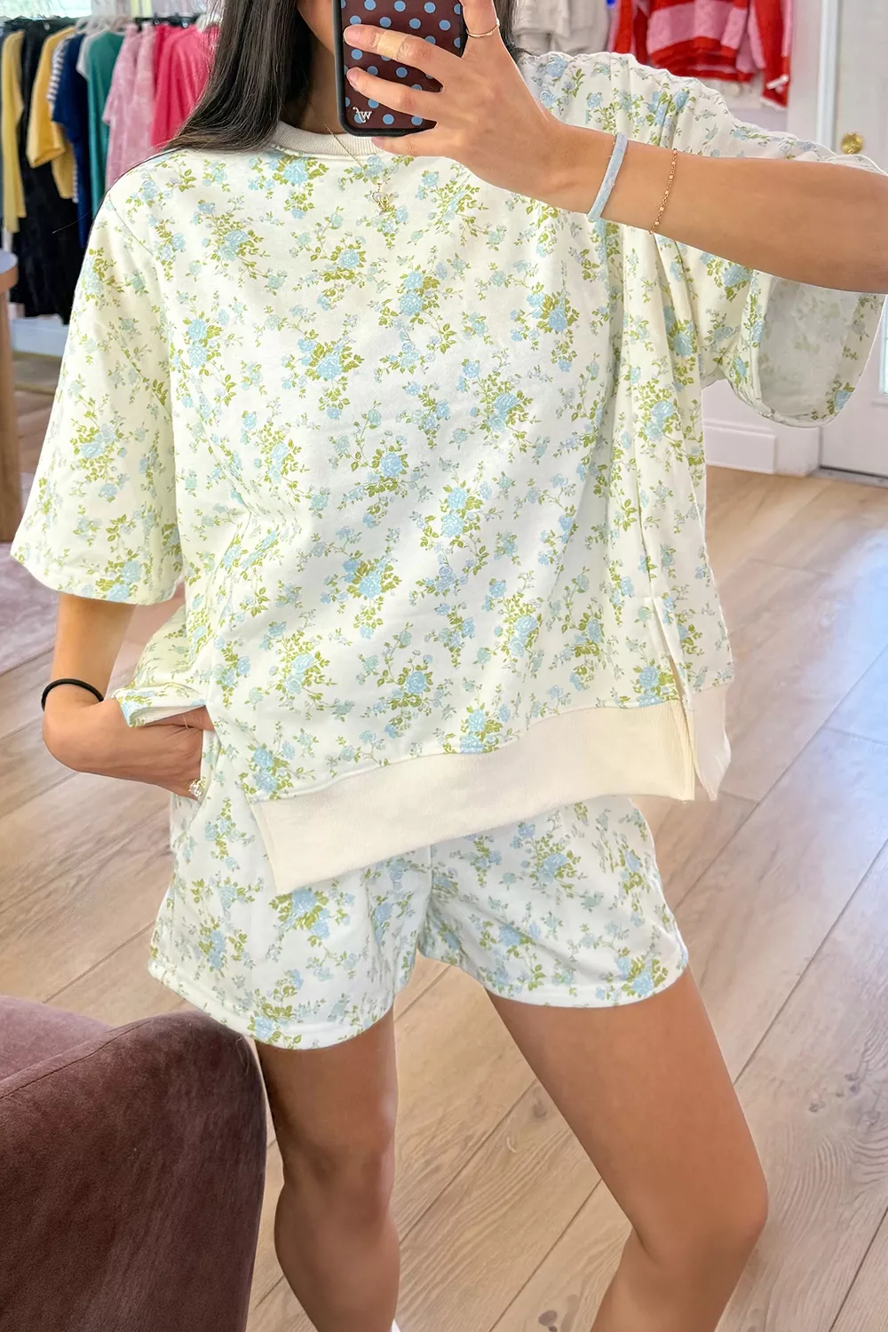 Floral Print Long Sleeve Shift Top Pocketed Shorts 2pcs Set