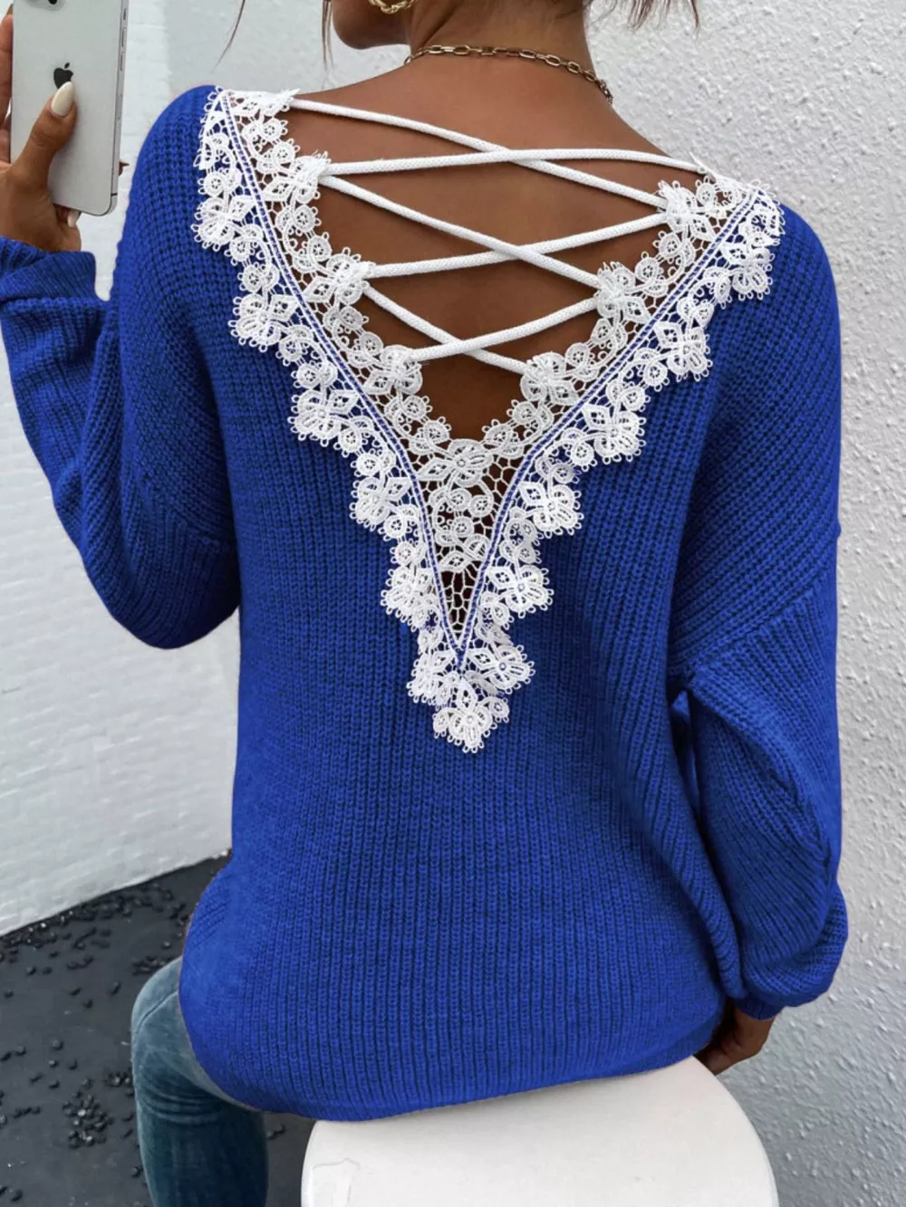 Lace-Trimmed Back V-Neck Sweater, image 6