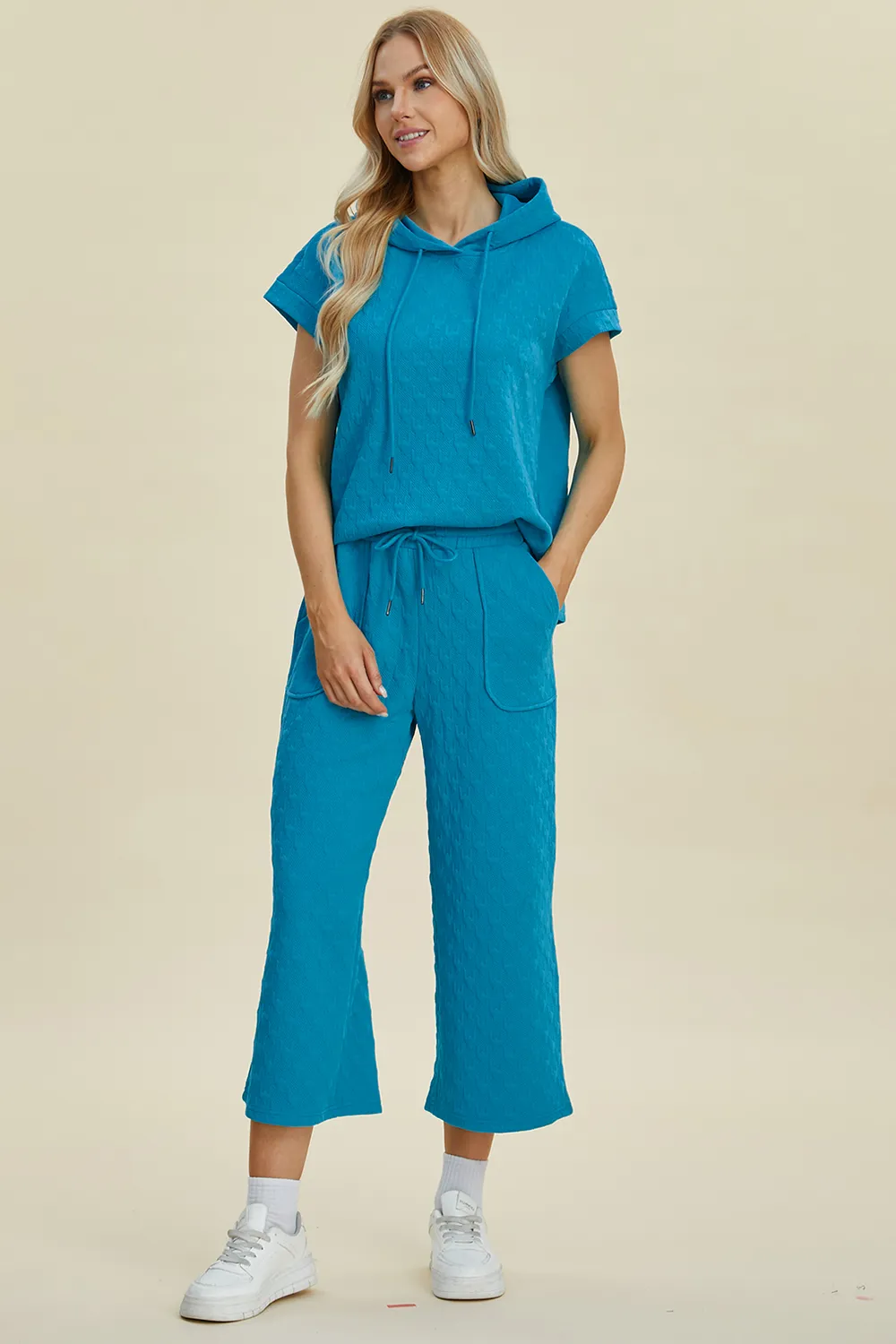 Full Size Texture Drawstring Short Sleeve Hoodie and Pocketed Pants Set, image 8