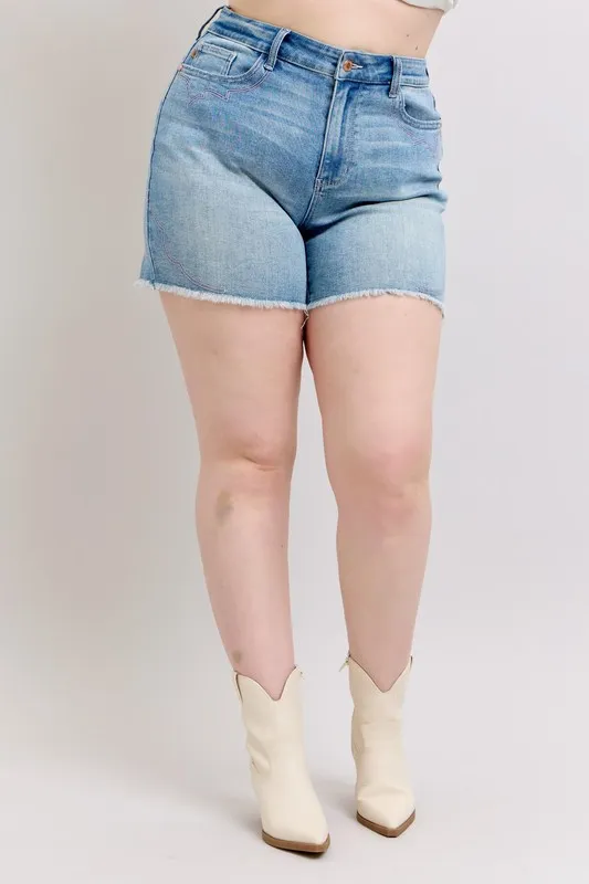 Full Size High Waist Western Embroidery Detail Cut Off Denim Shorts Plus Size, image 8
