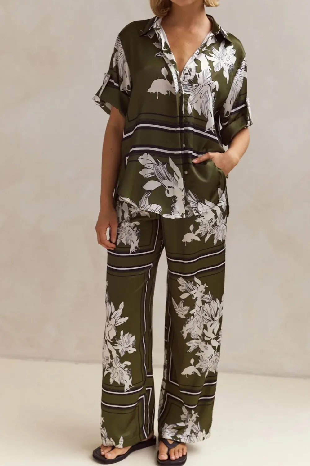 Printed Button Up Shirt and Pants Set