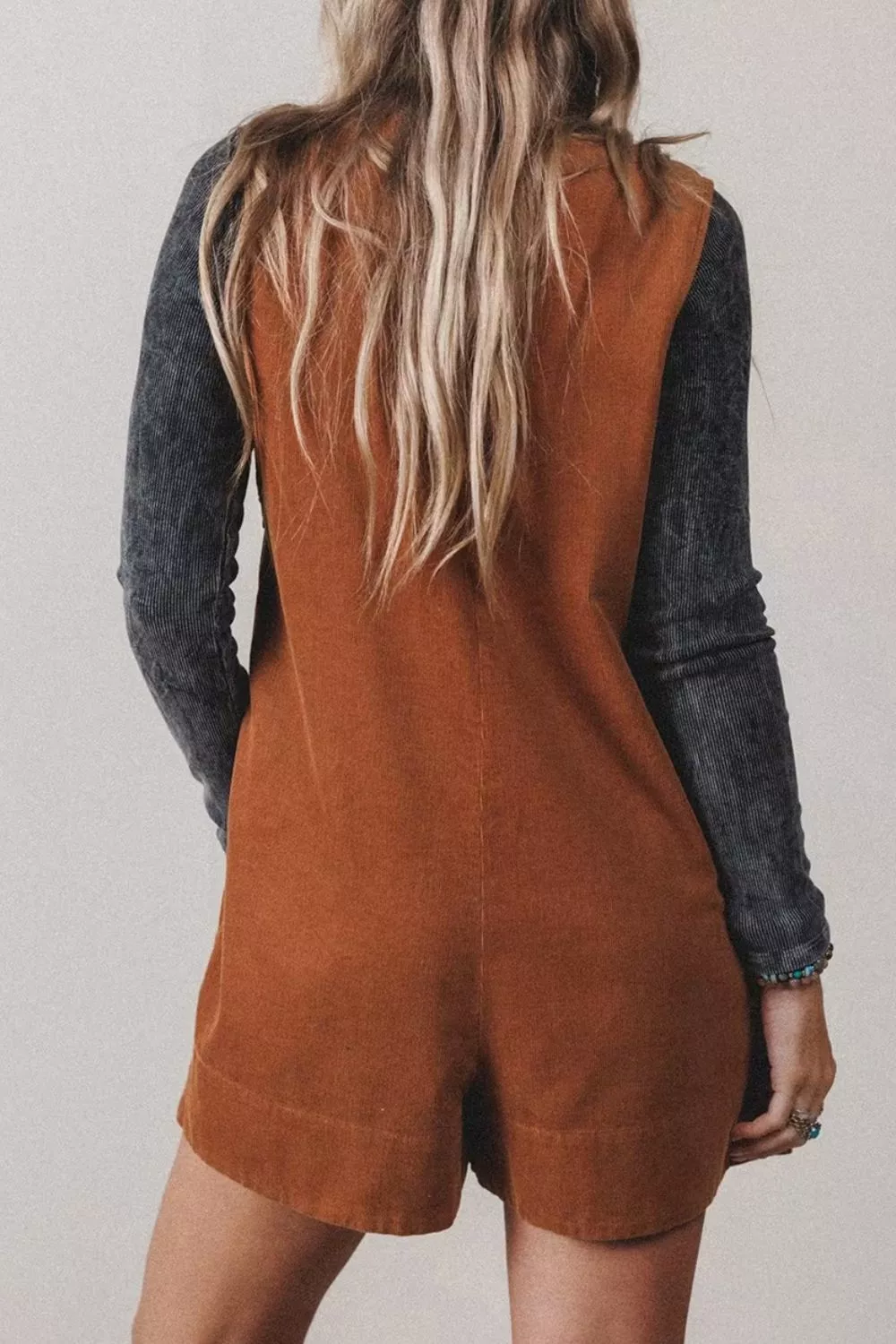 Solid Color Tie V Neck Sleeveless Corduroy Romper, image 4