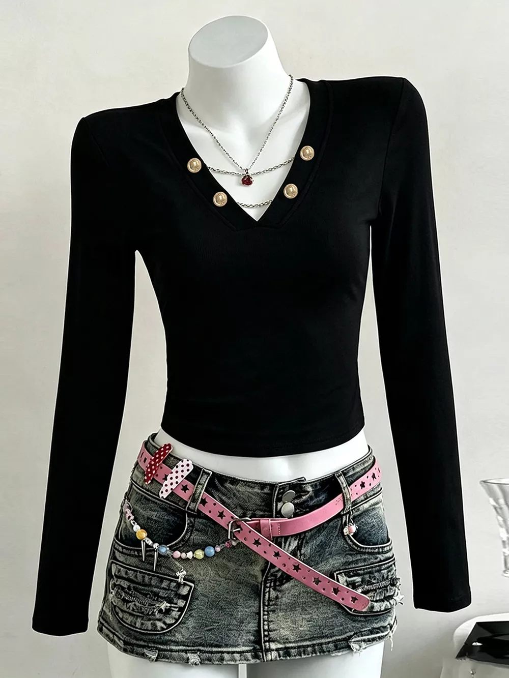 Decorative Pearl Buttons V-Neck Long Sleeve T-Shirt, image 8