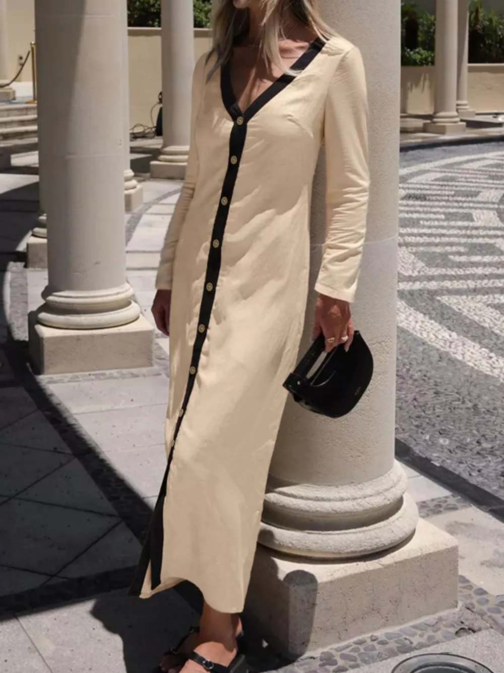Contrast Trim Button-Down Midi Dress, image 10