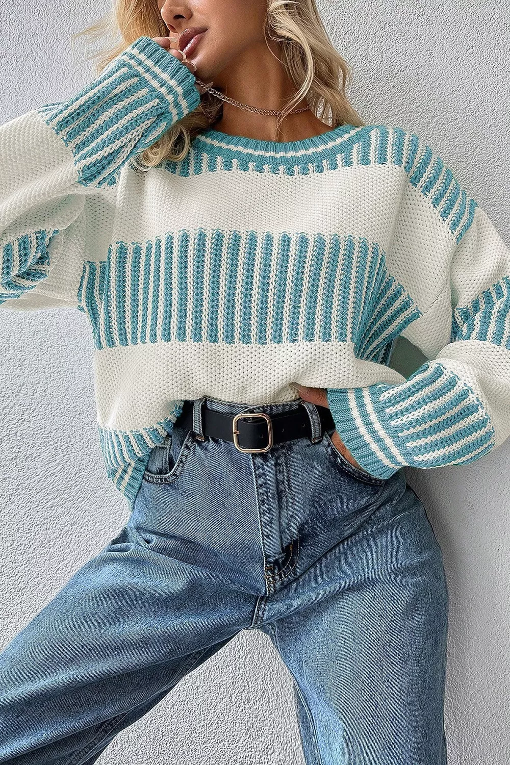 Two Tone Striped Patchwork Drop Shoulder Loose Sweater, image 10