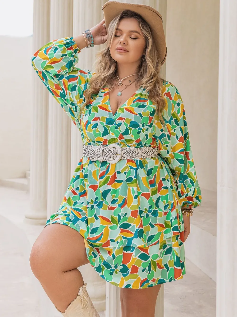 Plus Size Printed Surplice Long Sleeve Mini Dress, image 6