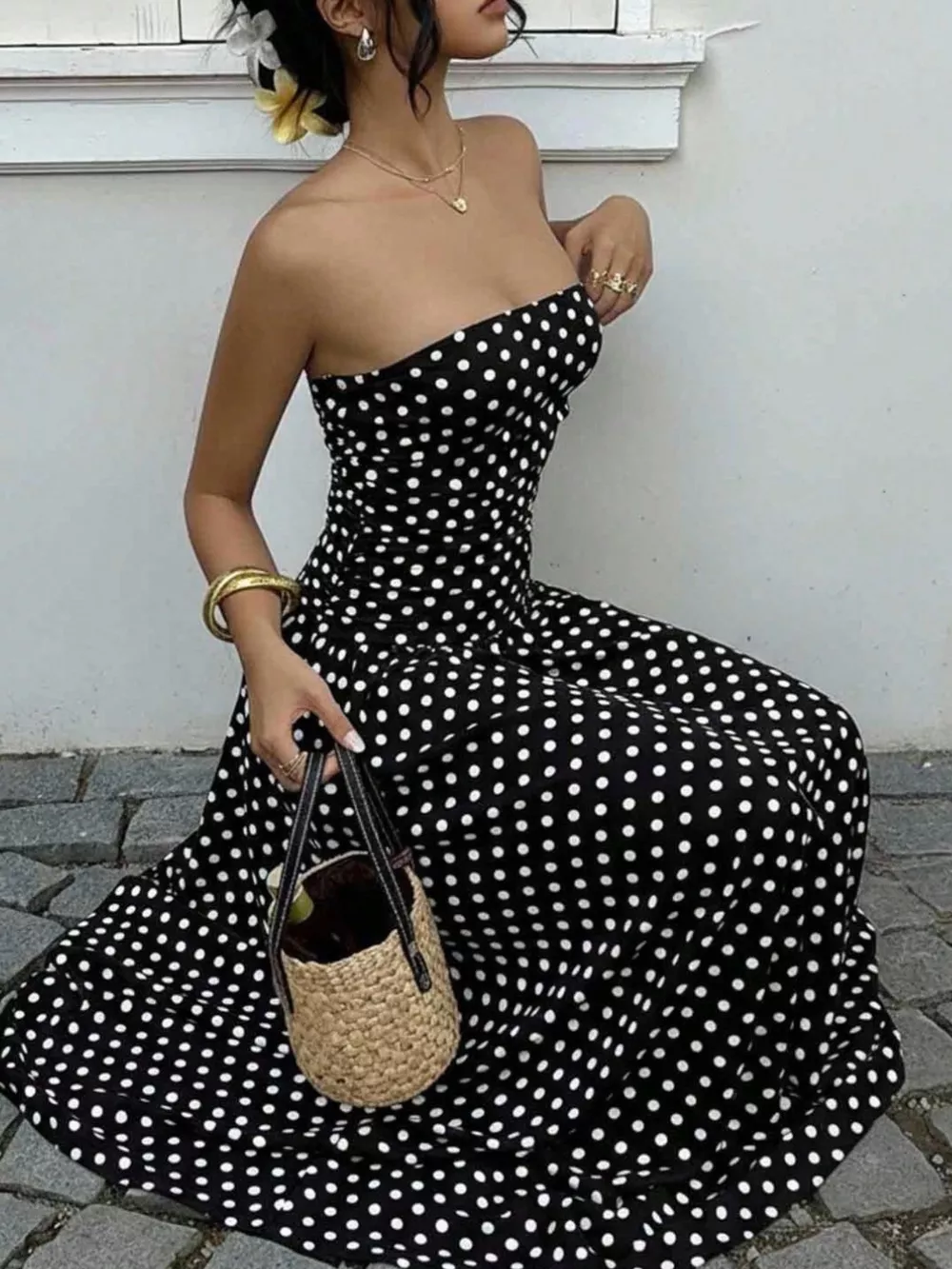 Polka Dot Ruched Strapless Maxi Dress, image 9