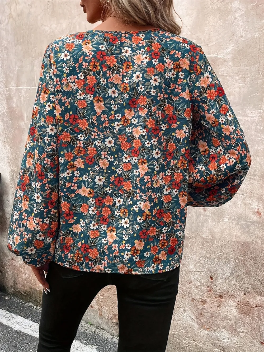 Printed V-Neck Balloon Sleeve Blouse, image 4