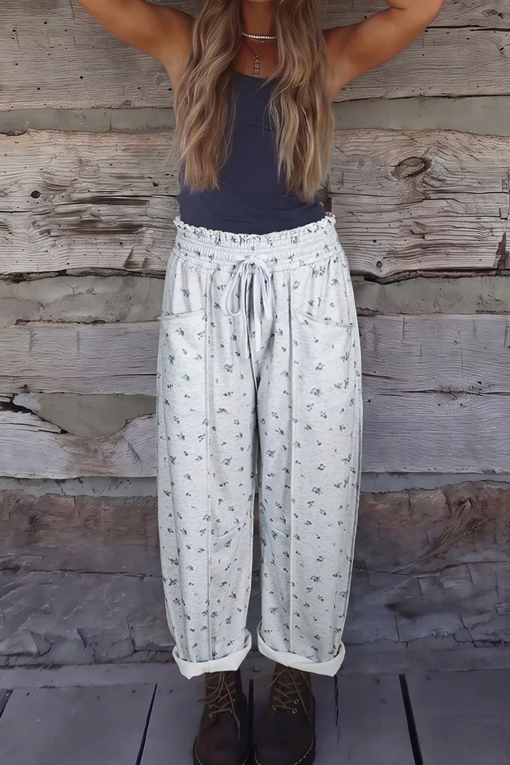 Floral Print Elastic Waist Regular Fit Pants, image 3