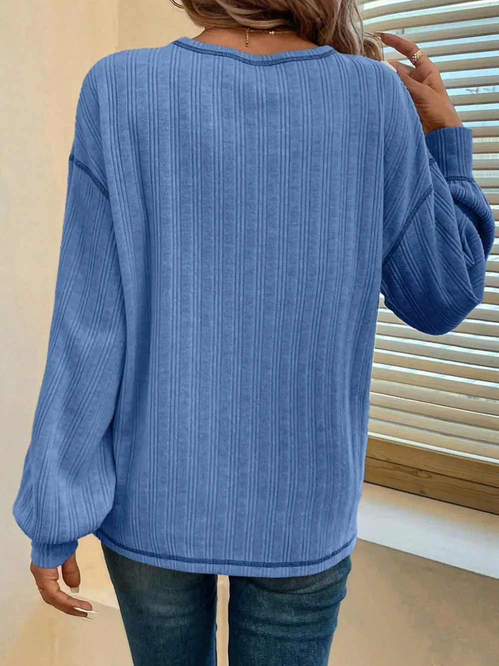 Contrast Stitching Round Neck Long Sleeve T-Shirt, image 11