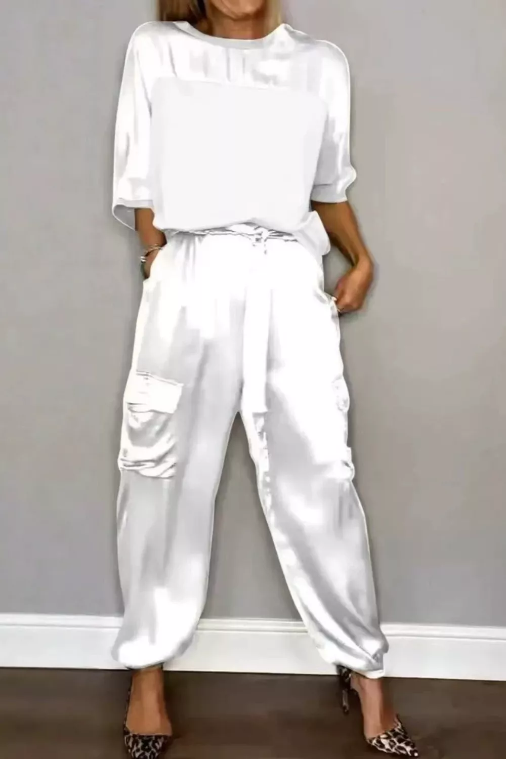 Satin Round Neck Top and Pants Set, image 5