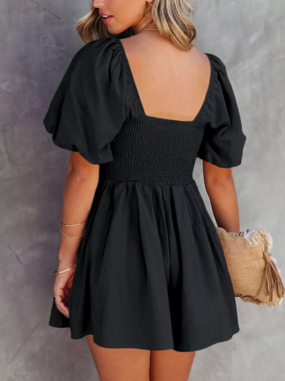 Square Neck Ruched Puff Sleeve Romper, image 7