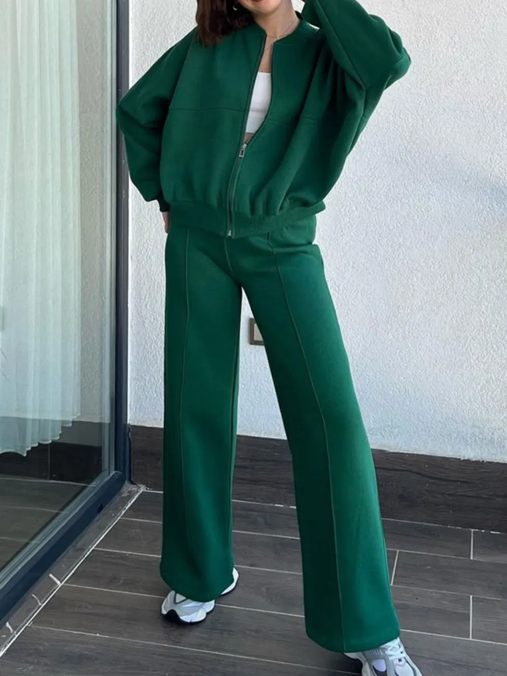 Baseball Collar Zip Up Top and Drawstring Paants Set, image 18